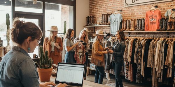 Several ladies shopping at a western wear boutique