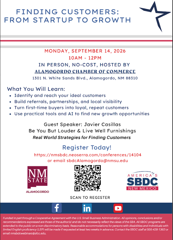 Screen Shot 2026-09-09 at 12.33.33.784 PM Business workshop offered by the Alamogordo SBDC that I will be helping facilitate.